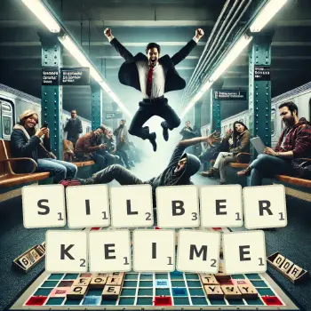 Kreative Illustration für ein Scrabble-Spiel, bei dem das Wort SILBERKEIME mit Steinen auf dem Brett gelegt wurde.