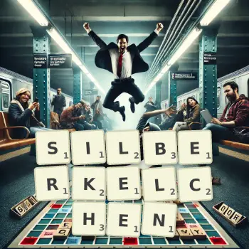 Kreative Illustration für ein Scrabble-Spiel, bei dem das Wort SILBERKELCHEN mit Steinen auf dem Brett gelegt wurde.