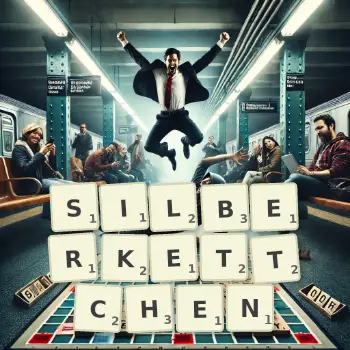 Kreative Illustration für ein Scrabble-Spiel, bei dem das Wort SILBERKETTCHEN mit Steinen auf dem Brett gelegt wurde.