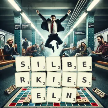 Kreative Illustration für ein Scrabble-Spiel, bei dem das Wort SILBERKIESELN mit Steinen auf dem Brett gelegt wurde.