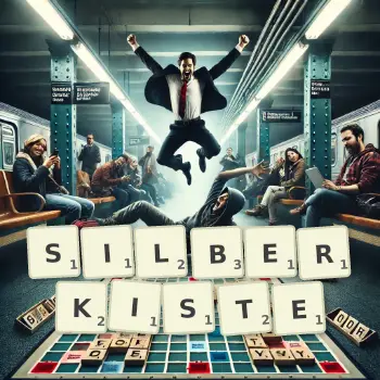Kreative Illustration für ein Scrabble-Spiel, bei dem das Wort SILBERKISTE mit Steinen auf dem Brett gelegt wurde.