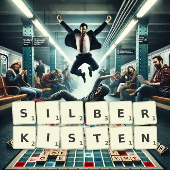 Kreative Illustration für ein Scrabble-Spiel, bei dem das Wort SILBERKISTEN mit Steinen auf dem Brett gelegt wurde.