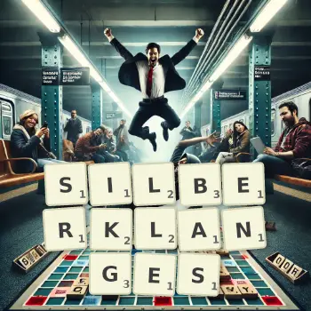 Kreative Illustration für ein Scrabble-Spiel, bei dem das Wort SILBERKLANGES mit Steinen auf dem Brett gelegt wurde.