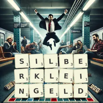 Kreative Illustration für ein Scrabble-Spiel, bei dem das Wort SILBERKLEINGELD mit Steinen auf dem Brett gelegt wurde.