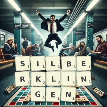 Kreative Illustration für ein Scrabble-Spiel, bei dem das Wort SILBERKLINGEN mit Steinen auf dem Brett gelegt wurde.