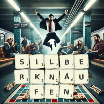 Kreative Illustration für ein Scrabble-Spiel, bei dem das Wort SILBERKNÄUFEN mit Steinen auf dem Brett gelegt wurde.