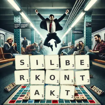 Kreative Illustration für ein Scrabble-Spiel, bei dem das Wort SILBERKONTAKT mit Steinen auf dem Brett gelegt wurde.