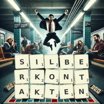 Kreative Illustration für ein Scrabble-Spiel, bei dem das Wort SILBERKONTAKTEN mit Steinen auf dem Brett gelegt wurde.