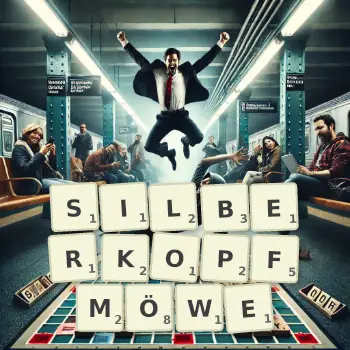 Kreative Illustration für ein Scrabble-Spiel, bei dem das Wort SILBERKOPFMÖWE mit Steinen auf dem Brett gelegt wurde.
