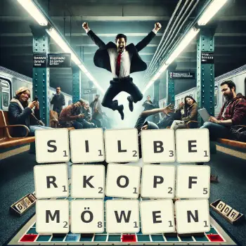 Kreative Illustration für ein Scrabble-Spiel, bei dem das Wort SILBERKOPFMÖWEN mit Steinen auf dem Brett gelegt wurde.