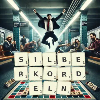 Kreative Illustration für ein Scrabble-Spiel, bei dem das Wort SILBERKORDELN mit Steinen auf dem Brett gelegt wurde.