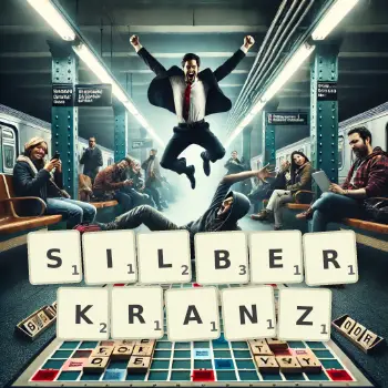 Kreative Illustration für ein Scrabble-Spiel, bei dem das Wort SILBERKRANZ mit Steinen auf dem Brett gelegt wurde.