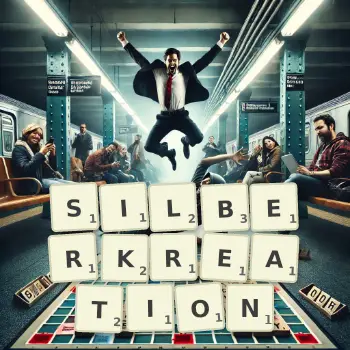 Kreative Illustration für ein Scrabble-Spiel, bei dem das Wort SILBERKREATION mit Steinen auf dem Brett gelegt wurde.