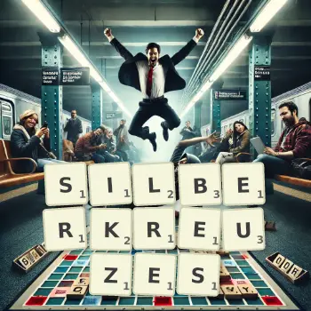 Kreative Illustration für ein Scrabble-Spiel, bei dem das Wort SILBERKREUZES mit Steinen auf dem Brett gelegt wurde.