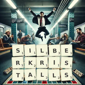 Kreative Illustration für ein Scrabble-Spiel, bei dem das Wort SILBERKRISTALLS mit Steinen auf dem Brett gelegt wurde.