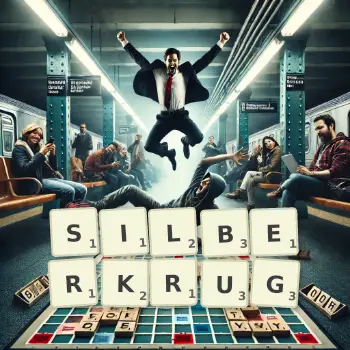 Kreative Illustration für ein Scrabble-Spiel, bei dem das Wort SILBERKRUG mit Steinen auf dem Brett gelegt wurde.