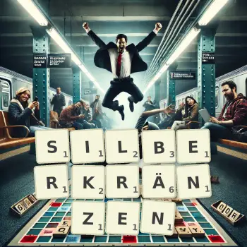 Kreative Illustration für ein Scrabble-Spiel, bei dem das Wort SILBERKRÄNZEN mit Steinen auf dem Brett gelegt wurde.