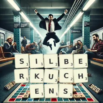 Kreative Illustration für ein Scrabble-Spiel, bei dem das Wort SILBERKUCHENS mit Steinen auf dem Brett gelegt wurde.