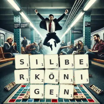 Kreative Illustration für ein Scrabble-Spiel, bei dem das Wort SILBERKÖNIGEN mit Steinen auf dem Brett gelegt wurde.
