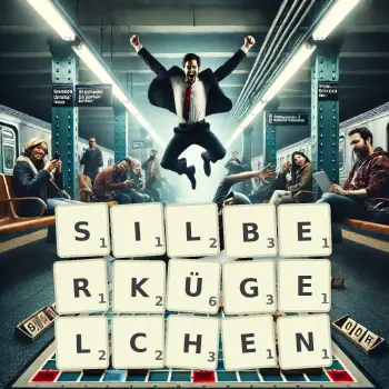 Kreative Illustration für ein Scrabble-Spiel, bei dem das Wort SILBERKÜGELCHEN mit Steinen auf dem Brett gelegt wurde.
