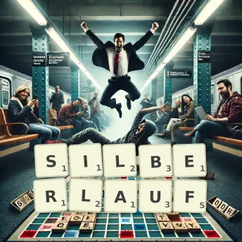 Kreative Illustration für ein Scrabble-Spiel, bei dem das Wort SILBERLAUF mit Steinen auf dem Brett gelegt wurde.
