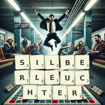 Kreative Illustration für ein Scrabble-Spiel, bei dem das Wort SILBERLEUCHTER mit Steinen auf dem Brett gelegt wurde.