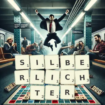 Kreative Illustration für ein Scrabble-Spiel, bei dem das Wort SILBERLICHTER mit Steinen auf dem Brett gelegt wurde.