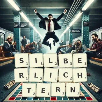 Kreative Illustration für ein Scrabble-Spiel, bei dem das Wort SILBERLICHTERN mit Steinen auf dem Brett gelegt wurde.