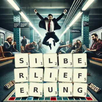 Kreative Illustration für ein Scrabble-Spiel, bei dem das Wort SILBERLIEFERUNG mit Steinen auf dem Brett gelegt wurde.