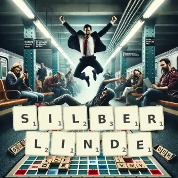 Kreative Illustration für ein Scrabble-Spiel, bei dem das Wort SILBERLINDE mit Steinen auf dem Brett gelegt wurde.