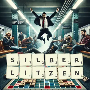 Kreative Illustration für ein Scrabble-Spiel, bei dem das Wort SILBERLITZEN mit Steinen auf dem Brett gelegt wurde.