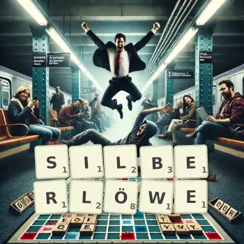 Kreative Illustration für ein Scrabble-Spiel, bei dem das Wort SILBERLÖWE mit Steinen auf dem Brett gelegt wurde.