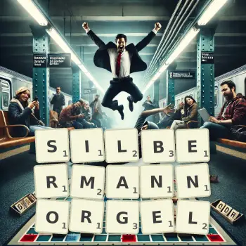 Kreative Illustration für ein Scrabble-Spiel, bei dem das Wort SILBERMANNORGEL mit Steinen auf dem Brett gelegt wurde.