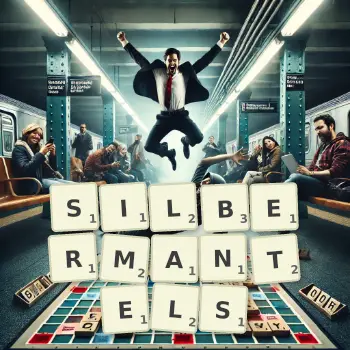 Kreative Illustration für ein Scrabble-Spiel, bei dem das Wort SILBERMANTELS mit Steinen auf dem Brett gelegt wurde.