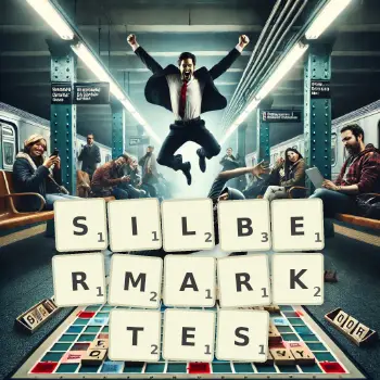 Kreative Illustration für ein Scrabble-Spiel, bei dem das Wort SILBERMARKTES mit Steinen auf dem Brett gelegt wurde.