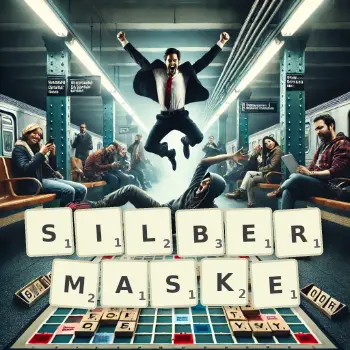 Kreative Illustration für ein Scrabble-Spiel, bei dem das Wort SILBERMASKE mit Steinen auf dem Brett gelegt wurde.