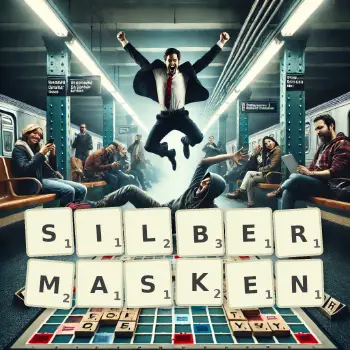Kreative Illustration für ein Scrabble-Spiel, bei dem das Wort SILBERMASKEN mit Steinen auf dem Brett gelegt wurde.