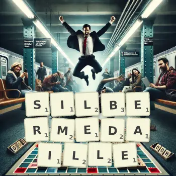 Kreative Illustration für ein Scrabble-Spiel, bei dem das Wort SILBERMEDAILLE mit Steinen auf dem Brett gelegt wurde.