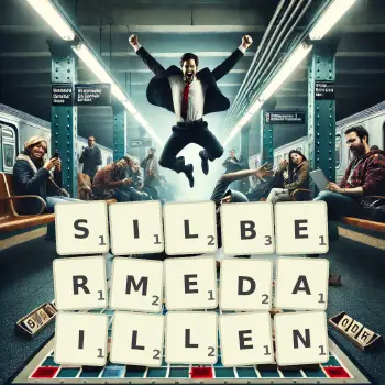 Kreative Illustration für ein Scrabble-Spiel, bei dem das Wort SILBERMEDAILLEN mit Steinen auf dem Brett gelegt wurde.