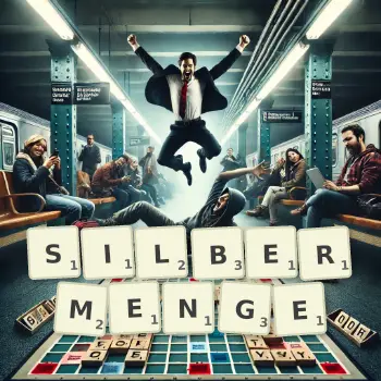 Kreative Illustration für ein Scrabble-Spiel, bei dem das Wort SILBERMENGE mit Steinen auf dem Brett gelegt wurde.