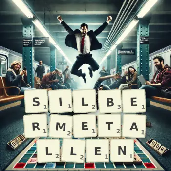 Kreative Illustration für ein Scrabble-Spiel, bei dem das Wort SILBERMETALLEN mit Steinen auf dem Brett gelegt wurde.