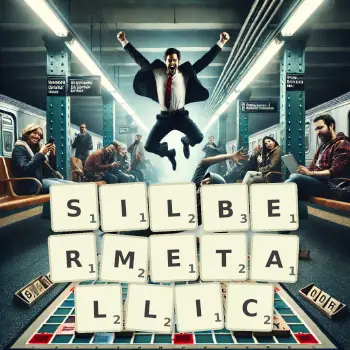 Kreative Illustration für ein Scrabble-Spiel, bei dem das Wort SILBERMETALLIC mit Steinen auf dem Brett gelegt wurde.