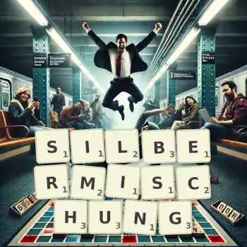 Kreative Illustration für ein Scrabble-Spiel, bei dem das Wort SILBERMISCHUNG mit Steinen auf dem Brett gelegt wurde.