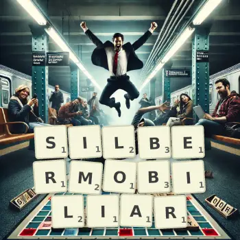 Kreative Illustration für ein Scrabble-Spiel, bei dem das Wort SILBERMOBILIAR mit Steinen auf dem Brett gelegt wurde.