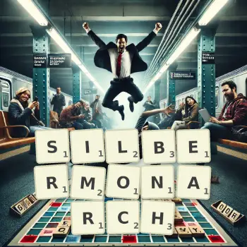 Kreative Illustration für ein Scrabble-Spiel, bei dem das Wort SILBERMONARCH mit Steinen auf dem Brett gelegt wurde.
