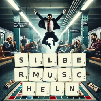 Kreative Illustration für ein Scrabble-Spiel, bei dem das Wort SILBERMUSCHELN mit Steinen auf dem Brett gelegt wurde.