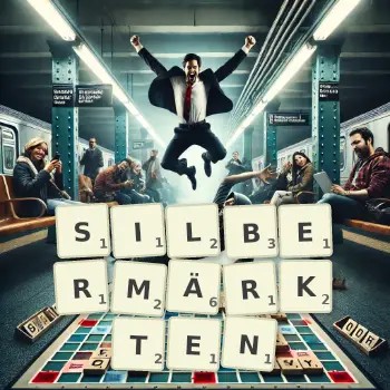 Kreative Illustration für ein Scrabble-Spiel, bei dem das Wort SILBERMÄRKTEN mit Steinen auf dem Brett gelegt wurde.