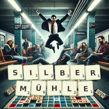 Kreative Illustration für ein Scrabble-Spiel, bei dem das Wort SILBERMÜHLE mit Steinen auf dem Brett gelegt wurde.