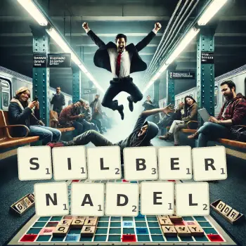 Kreative Illustration für ein Scrabble-Spiel, bei dem das Wort SILBERNADEL mit Steinen auf dem Brett gelegt wurde.