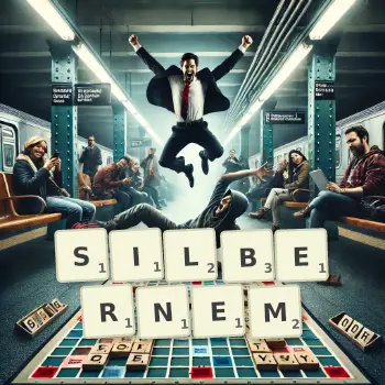 Kreative Illustration für ein Scrabble-Spiel, bei dem das Wort SILBERNEM mit Steinen auf dem Brett gelegt wurde.